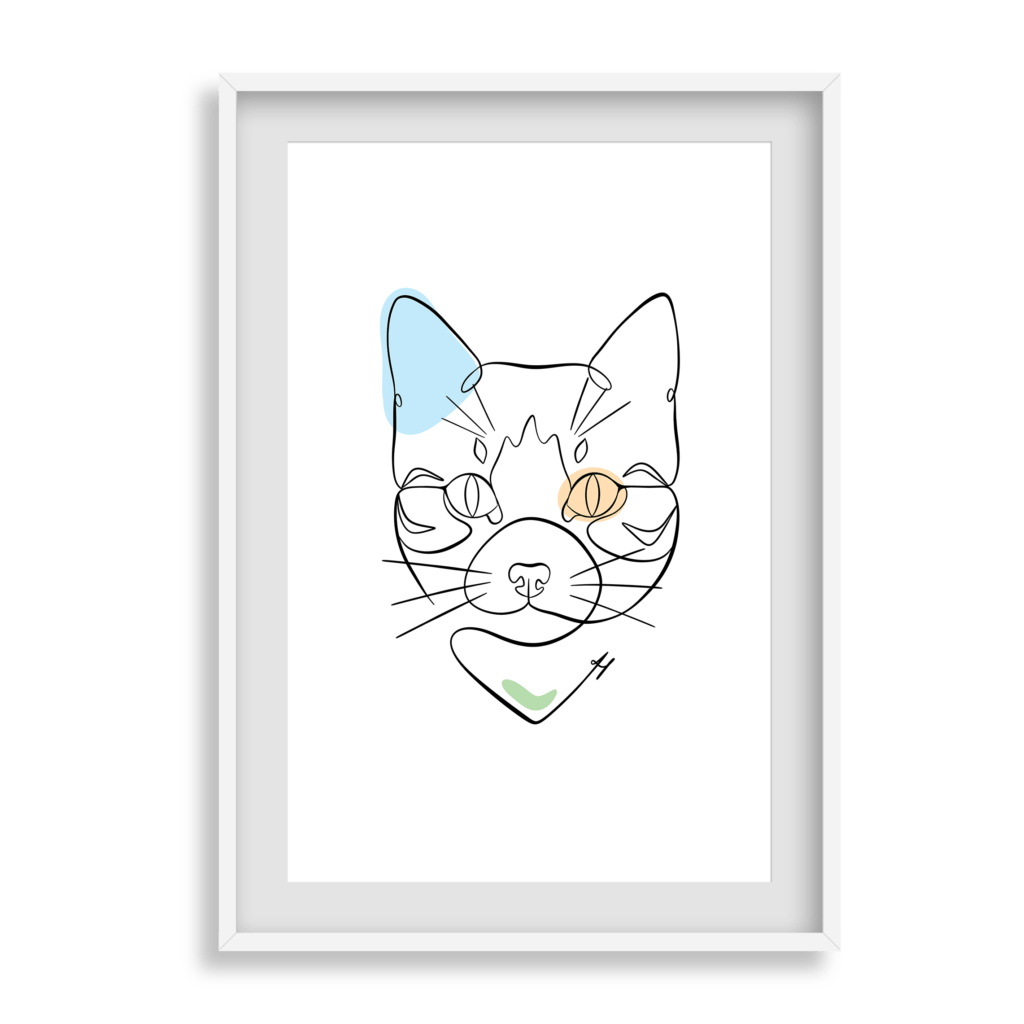 illustration représentant un chat tigré avec des taches de couleurs