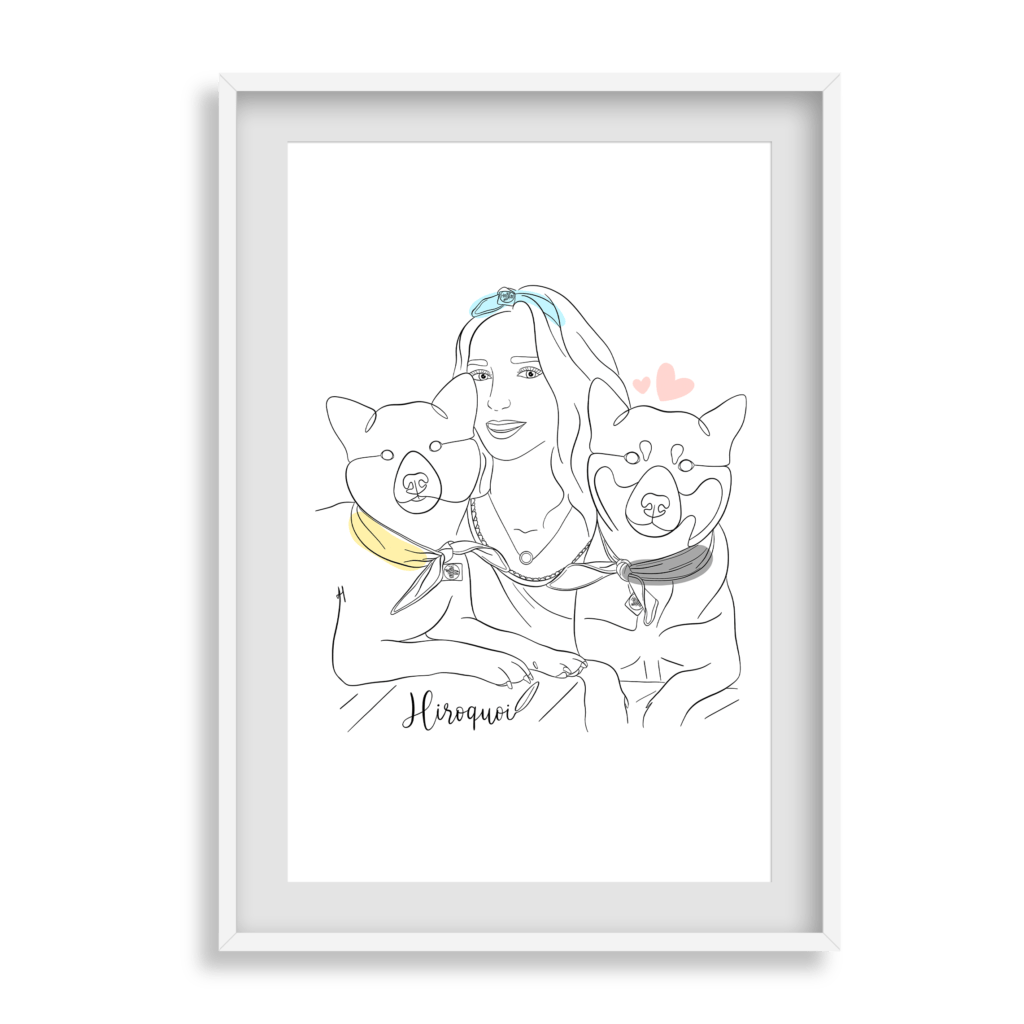 illustration de famille : une femme avec ses deux chiens shiba inu