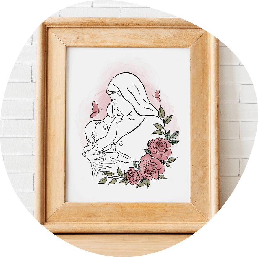 illustration représentant une maman avec son bébé en train d'allaiter avec des roses et des papillons