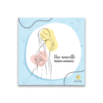 livre de grossesse avec une illustration d'une femme vue de profil ainsi que de son bébé dans son ventre. le livre est bleu ciel avec un motif de coeur bleu foncé