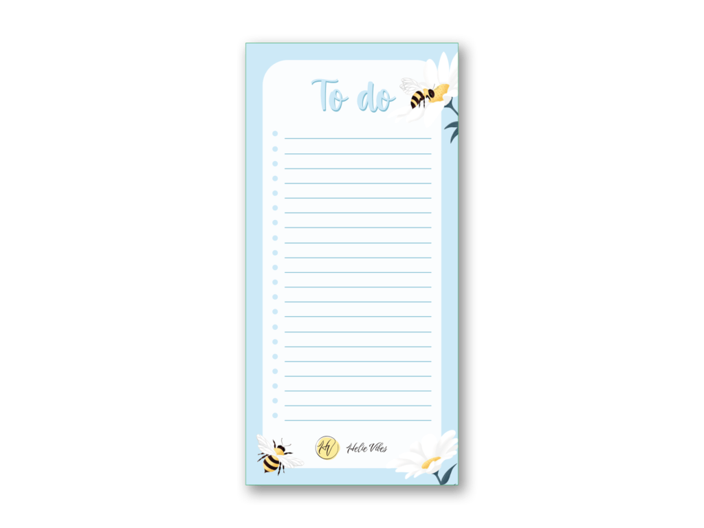 bloc note liste avec des tons bleus ainsi que des illustrations d'abeilles et de marguerites