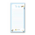 bloc note liste avec des tons bleus ainsi que des illustrations d'abeilles et de marguerites